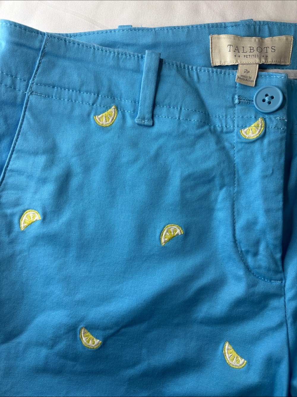 Cute Fruit Lemon Print Embroidery Blue Talbots Bermuda Shorts 2P Petite Size 2